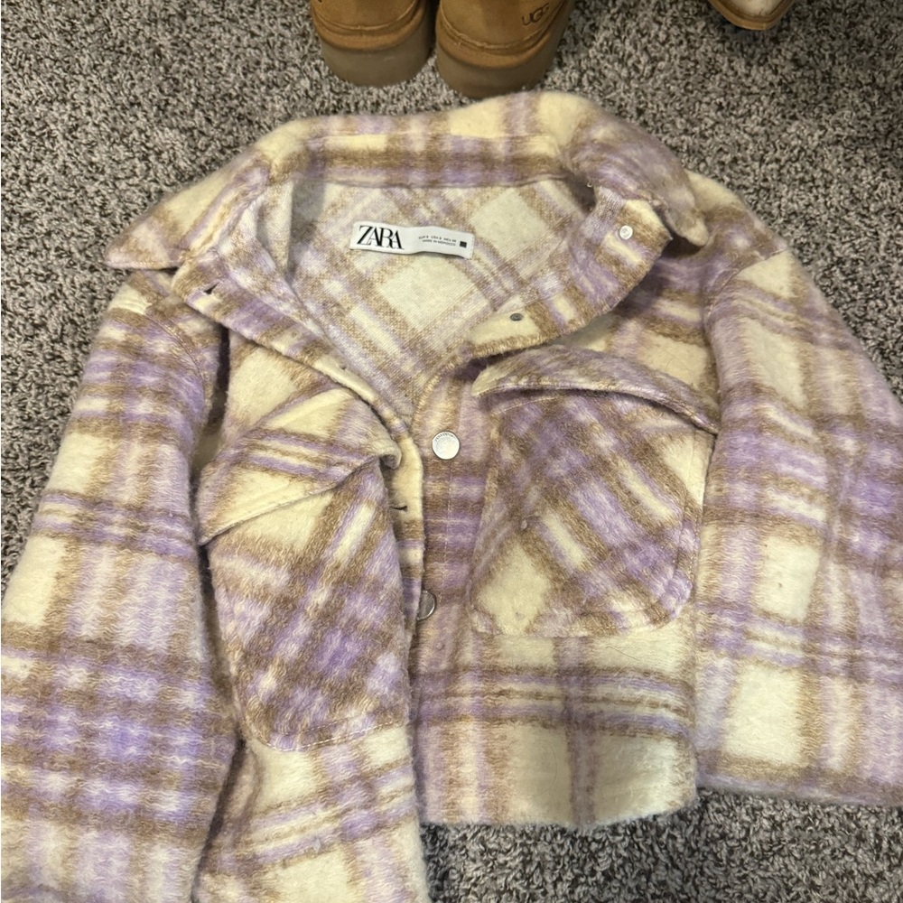 ZARA Cream & Lavender Plaid Teddy Shacket